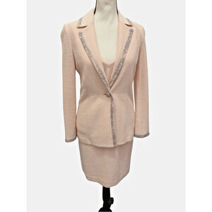 Vtg St John Evening 3 Pc Pink Santana Knit Skirt Suit Blazer, Top, Skirt